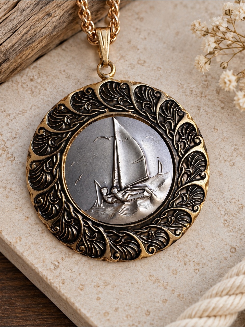 Vintage German Sailboat Pendant Necklace GERMANY Ges Gesch Gold Tone Nautical